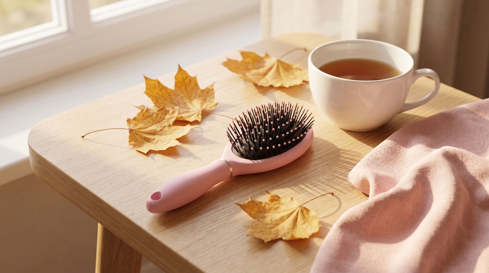 Cepillo neumático y hojas de otoño, caída estacional del pelo - Fussy