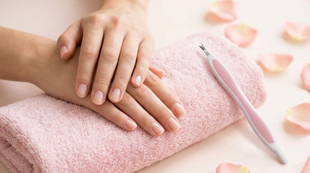 Manos cuidadas junto a un cortacutículas rosa - Fussy