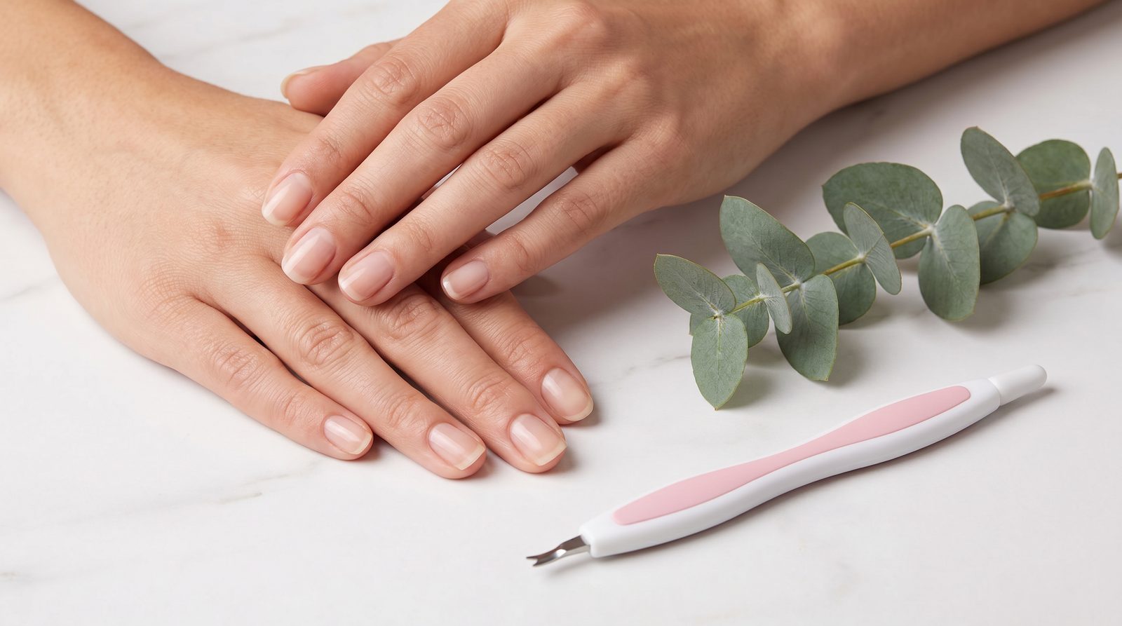Manos en una manicura junto al cortacutículas de doble punta de Fussy sobre mármol