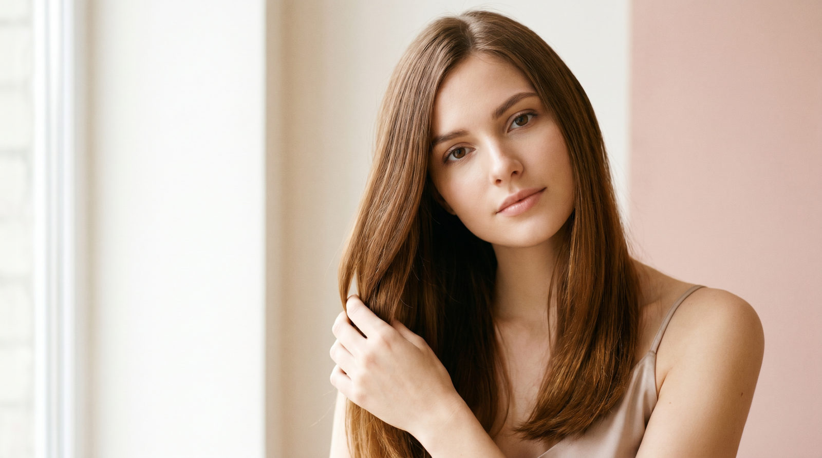 Mujer con el pelo largo, sano y brillante