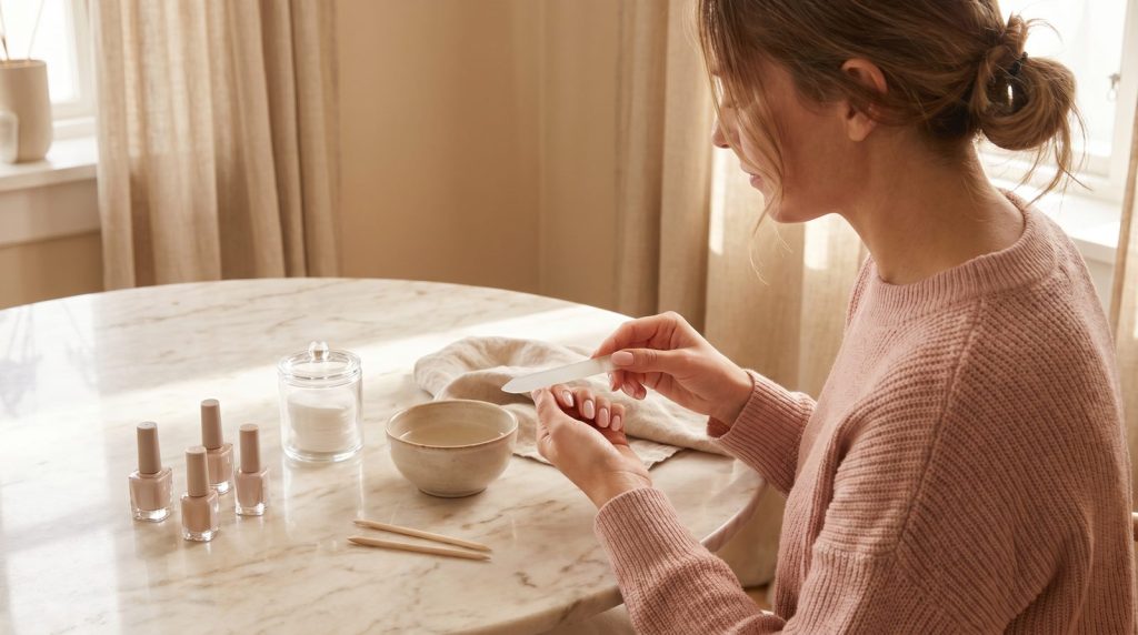 Mujer haciéndose la manicura en casa limando sus uñas en una mesa de mármol