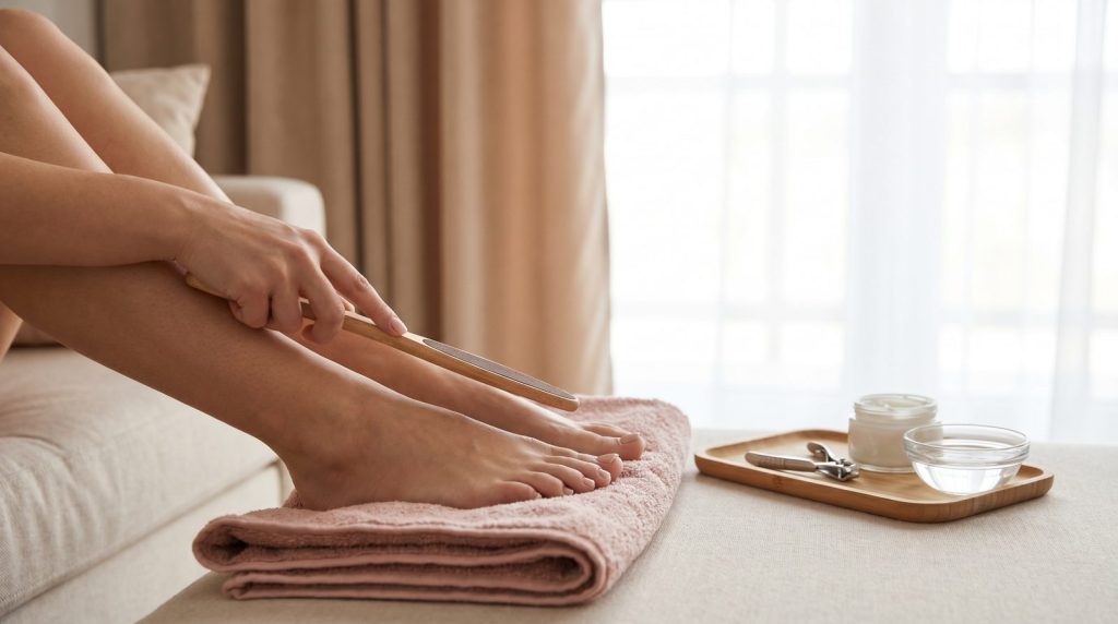 Mujer haciéndose la pedicura en casa limando el pie sobre una toalla