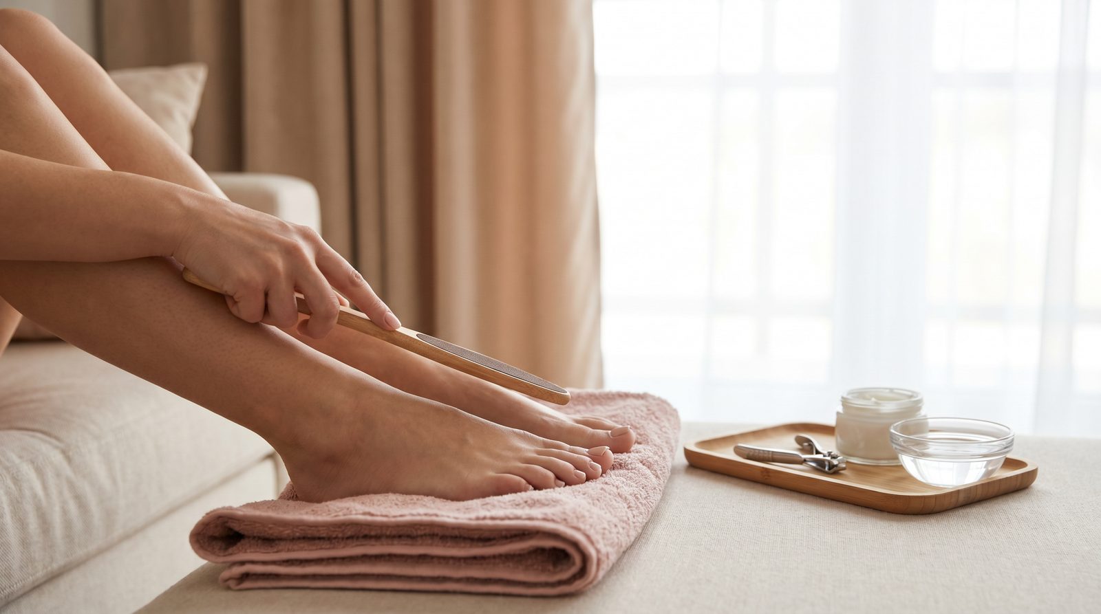 Mujer haciéndose la pedicura en casa limando el pie sobre una toalla