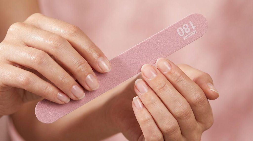 Limar una uña en una dirección con lima rosa grano 180 - Fussy