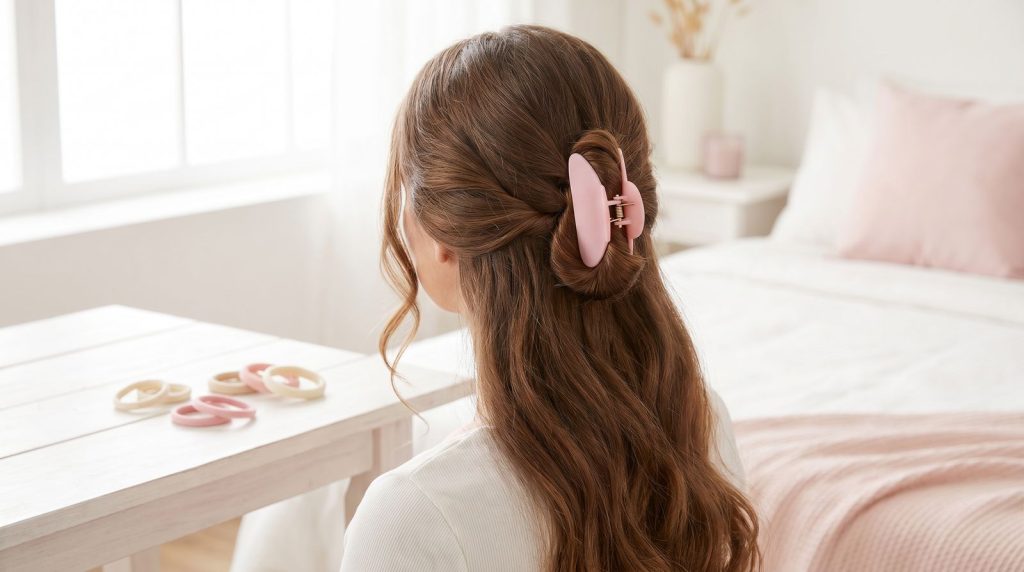 Recogido fácil para pelo largo con pinza rosa - Fussy