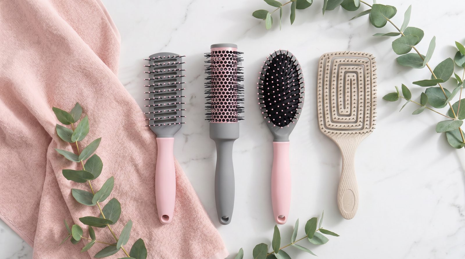Distintos tipos de cepillos Fussy para el pelo sobre mármol
