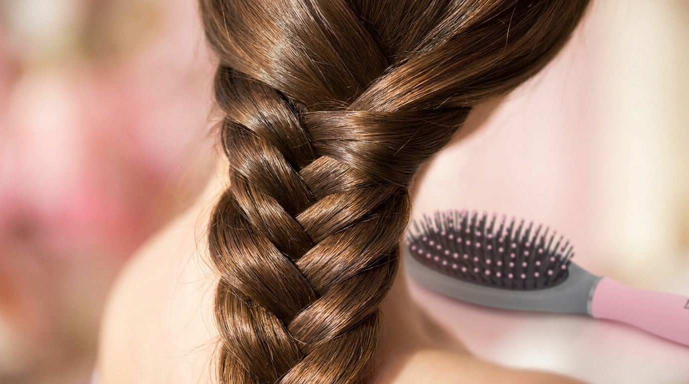 Trenza en melena castaña sana con cepillo desenredante rosa Fussy