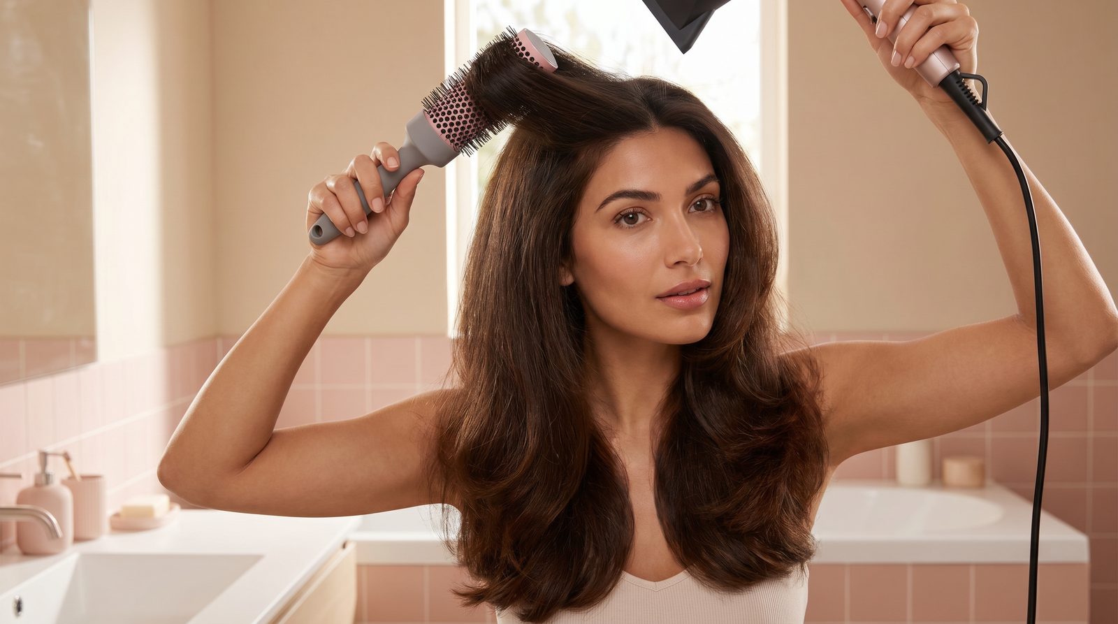 Mujer dando volumen a la raíz del pelo fino con un cepillo redondo