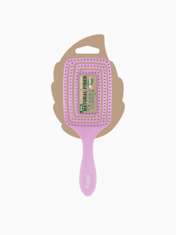 Cepillo mini antinudos de fibra natural Fussy Green lila en su blíster