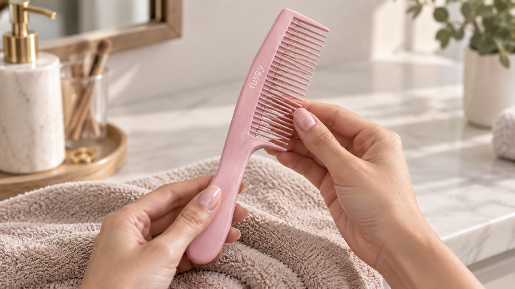 Peine rosa Fussy sobre tocador de bano listo para limpiar y cuidar sin estropearlo Consejos & Comunidad Peine rosa Fussy sobre tocador de baño, listo para limpiar y cuidar sin estropearlo.
