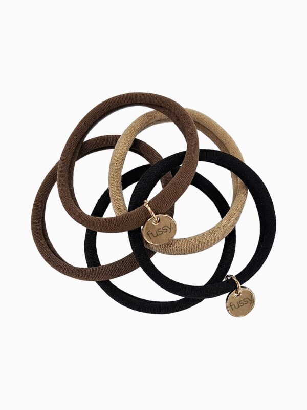 Gomas de pelo de tela Fussy en marrón, beige y negro