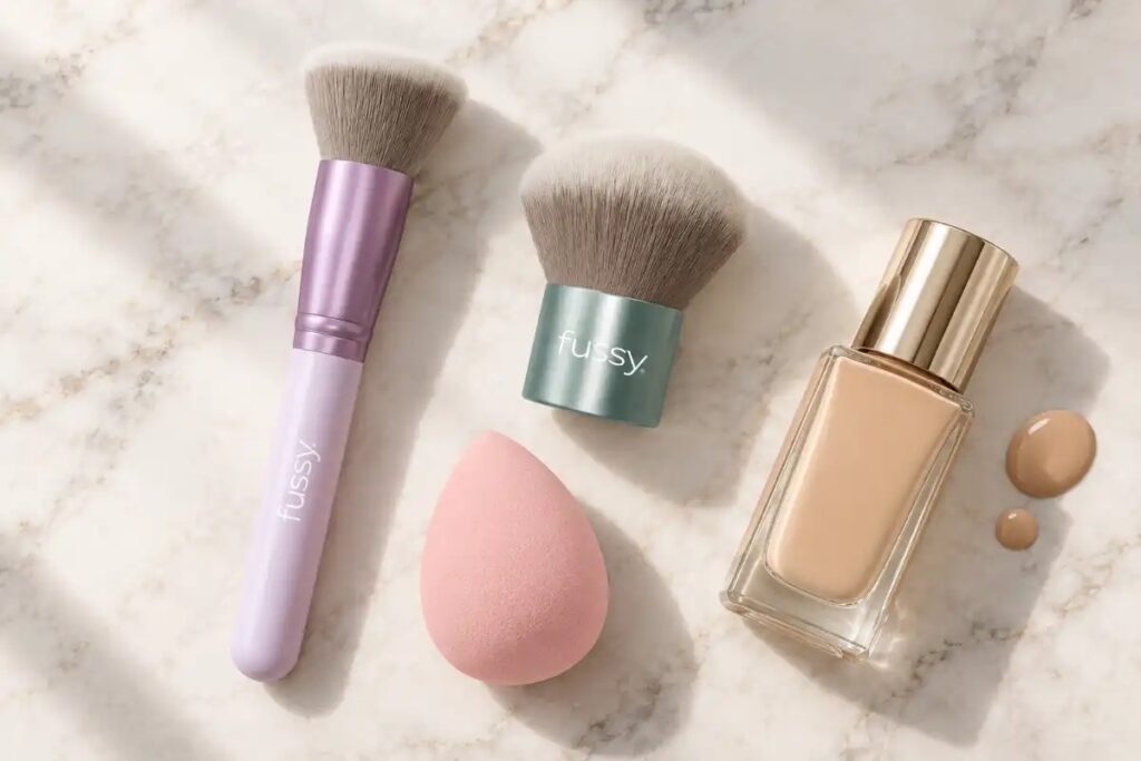 brocha base maquillaje fussy Consejos & Comunidad Brocha plana, brocha kabuki y esponja blender Fussy junto a un frasco de base de maquillaje