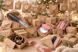 Calendario de adviento casero con sobres kraft numerados y accesorios de belleza Fussy: cepillo, espejo, gomas, pinza y limas