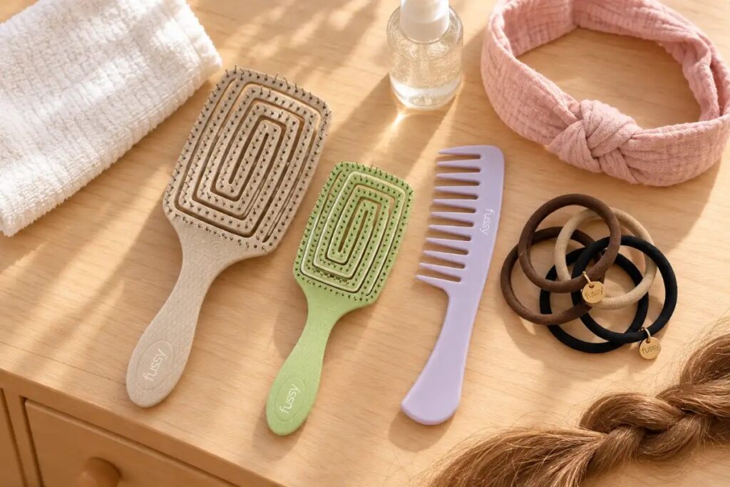 desenredar pelo nina sin tirones fussy Consejos & Comunidad Cepillo raqueta antinudos, cepillo mini antinudos, peine de púas anchas y gomas de tela Fussy para desenredar el pelo de una niña