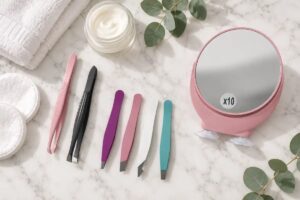 Pinzas de depilar de punta cangrejo y recta, kit de 4 pinzas y espejo de aumento x10 Fussy para quitar el vello del labio superior