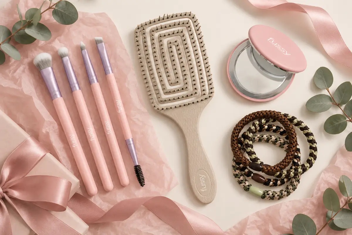 Regalos de belleza Fussy por menos de 10 €: pinceles de ojos, cepillo de fibra natural, espejo plegable y gomas trenzadas